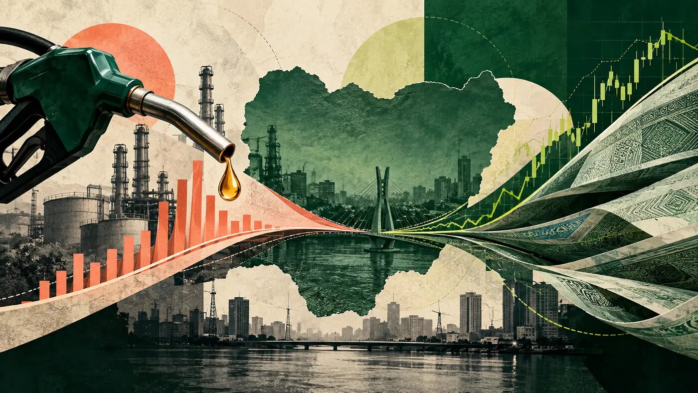 Editorial illustration of Nigeria between fuel-price and foreign-exchange market pressures